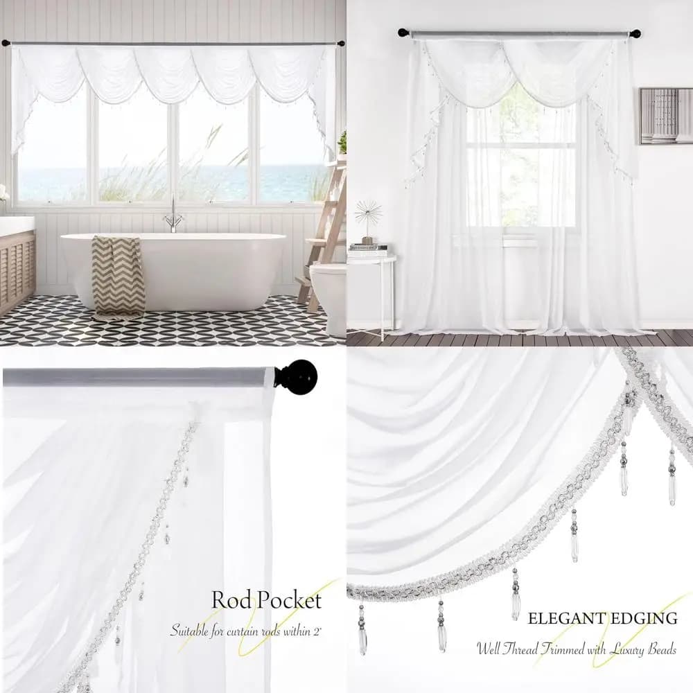 Mantovana with white beads and transparent tassels, width 110, for living room and kitchen, pocket style with rod, suitable for kindergarten tents