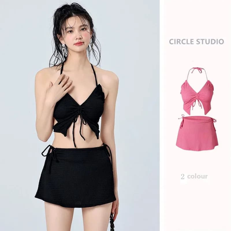 Holiday at the sea Ins Rose Red Bikini Three-piece swimsuit Small woman's chest Internet Famous swimsuit Butterfly hot girl