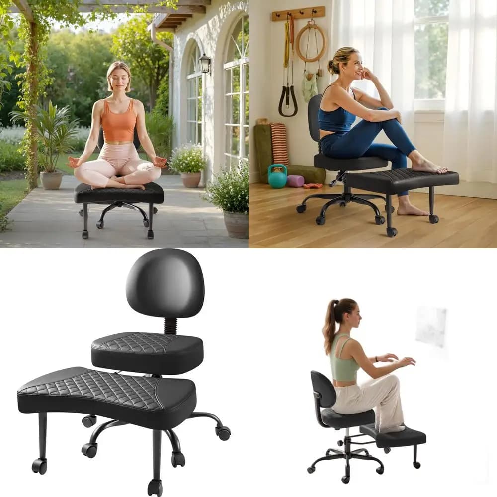 Sedia ergonomica girevole con poggiapiedi regolabile in altezza per ufficio, yoga, meditazione e uso domestico - Pelle nera