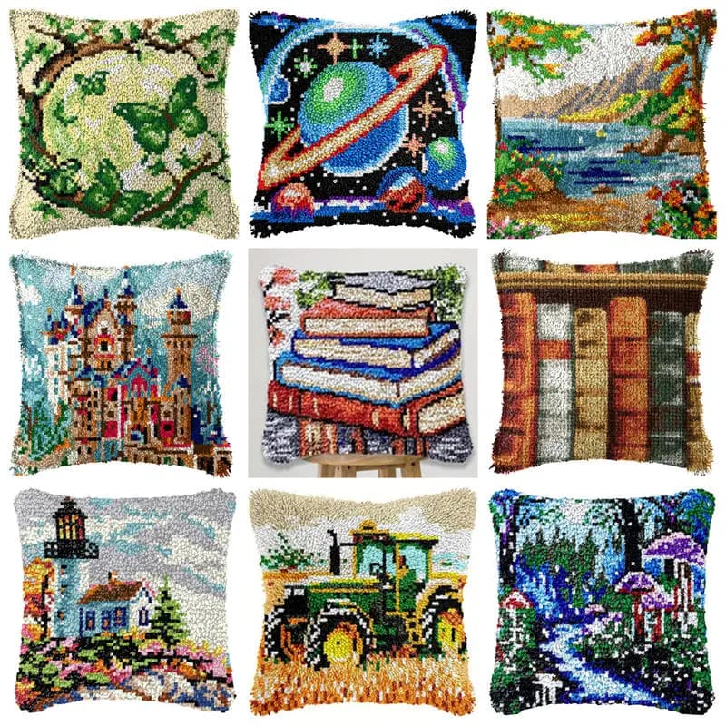Landscape Books Latch Hook Kit Mats Cushion Pillow DIY Simple Series Cushion Embroidery Latch Hook Rug Needlework Button Package