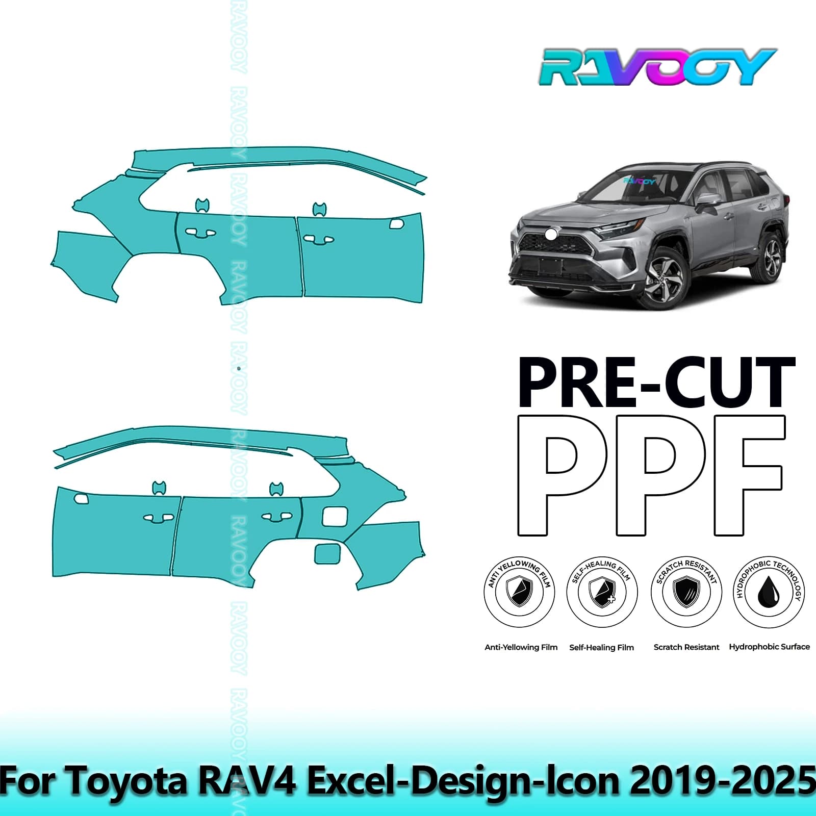 For Toyota RAV4 Excel-Design-lcon 2019-2025 8.5mil Transparent Pre-Cut PPF Door and Pillar A/B Kit TPU Paint Protection Film Set