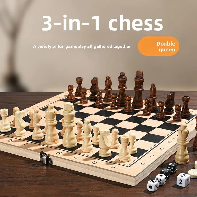 3 in 1 Chess Game Set Premium Solid Wood Storage Box Double Queen Checkers Portable Western Chess Tabletop Board Game