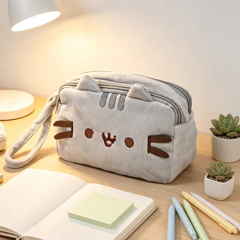Simpatico astuccio morbido a tema gatto e organizer da scrivania, perfetto per l'uso quotidiano in ufficio