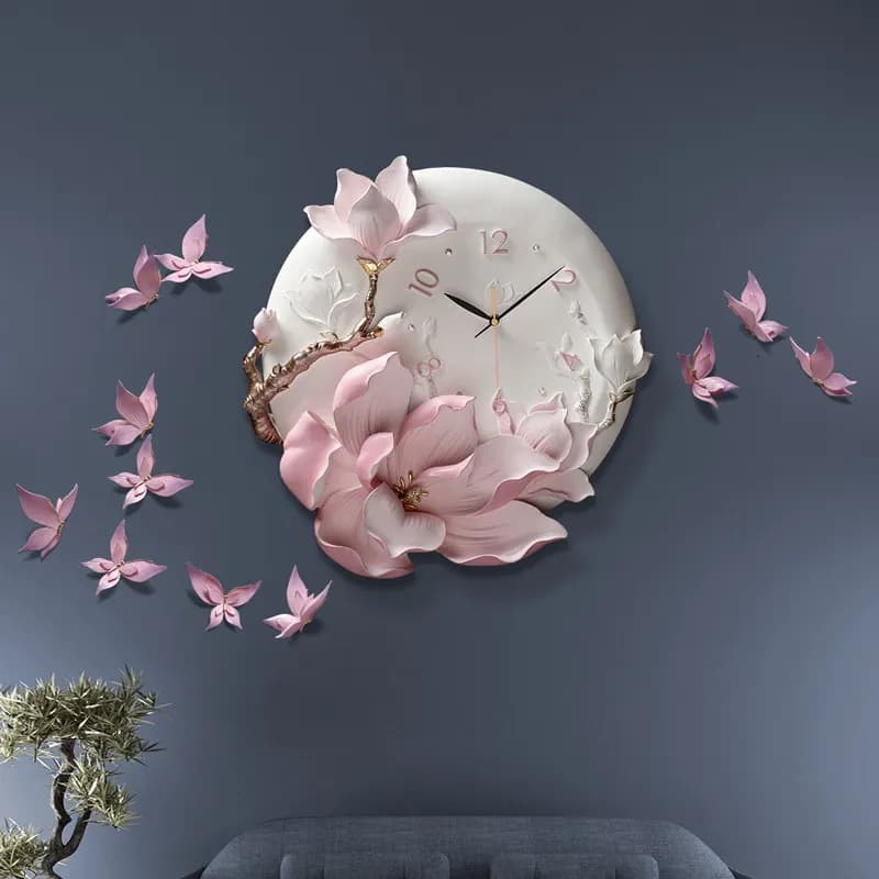 Analog Alarm Wall Clock Epoxy Ceramic Floral Butterfly Pattern Modern Fashion Creative Art Decorative Three-Dimensional Relief