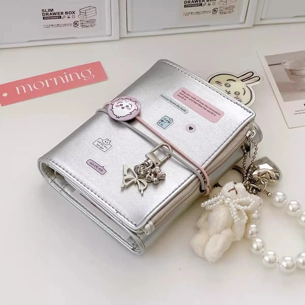 Silver PU Leather M5 Loose Leaf Binder Notebook with Elastic Band Portable Journal Planner for Students