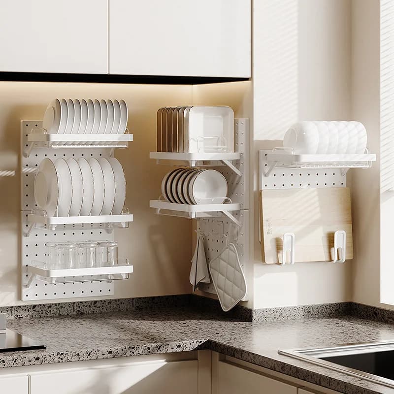 Practical Space Saving No Drill Wall Pegboard Dish Rack Multilayer Plate Cutting Board Storage Shelf Kitchen Organizer for Home