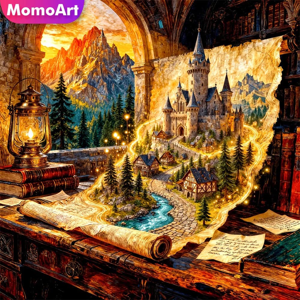 Momoart Ricamo Diamantato Castello Strass Pittura Paesaggio Albero Punto Croce Quadrato Rotondo Completo Mosaico Decorazione Libro Per Casa