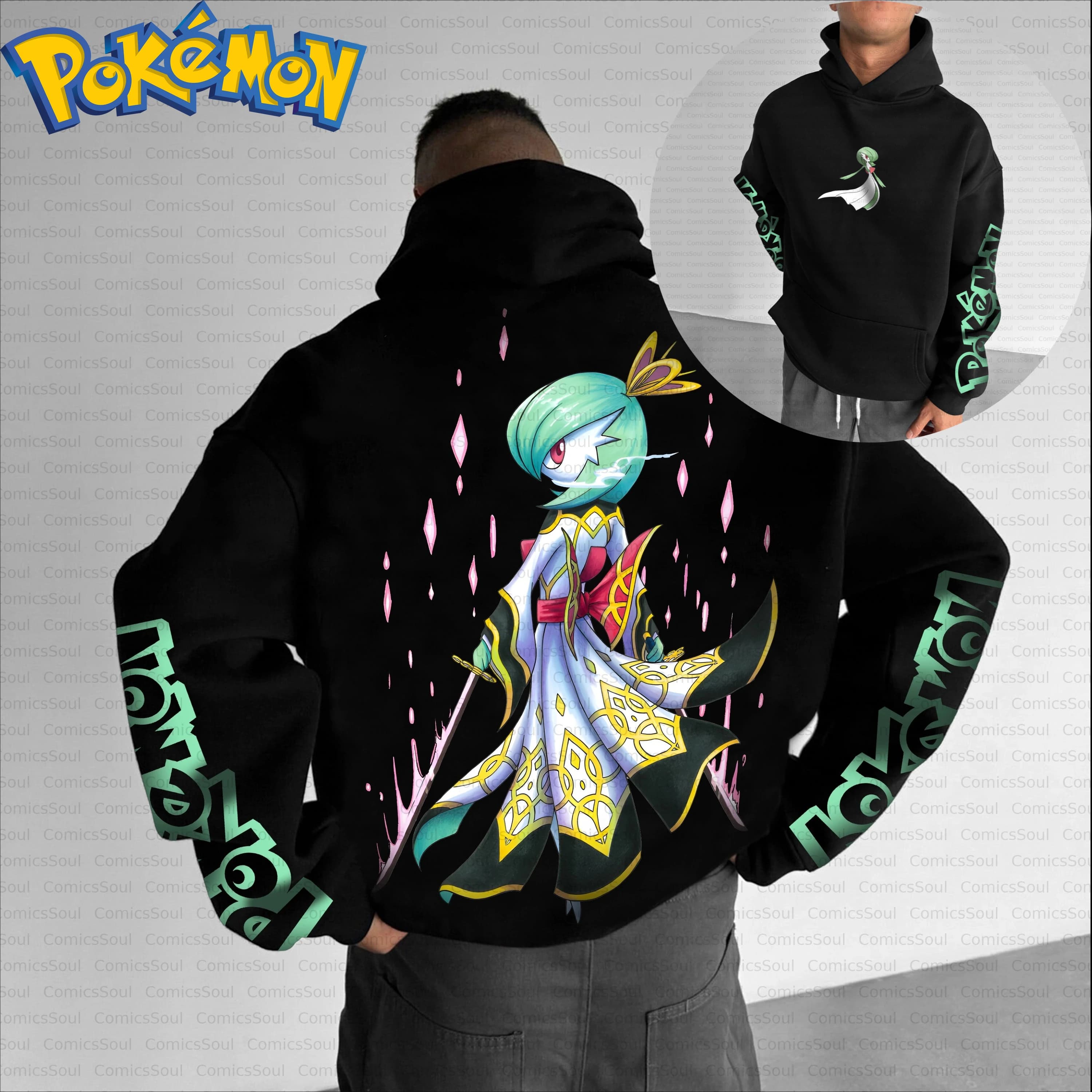 Black Cotton Pokemon Hoodie and Harajuku Pants Set with Gardevoir Print Pink Blue Effects and Green Sleeve Logo Design Casual