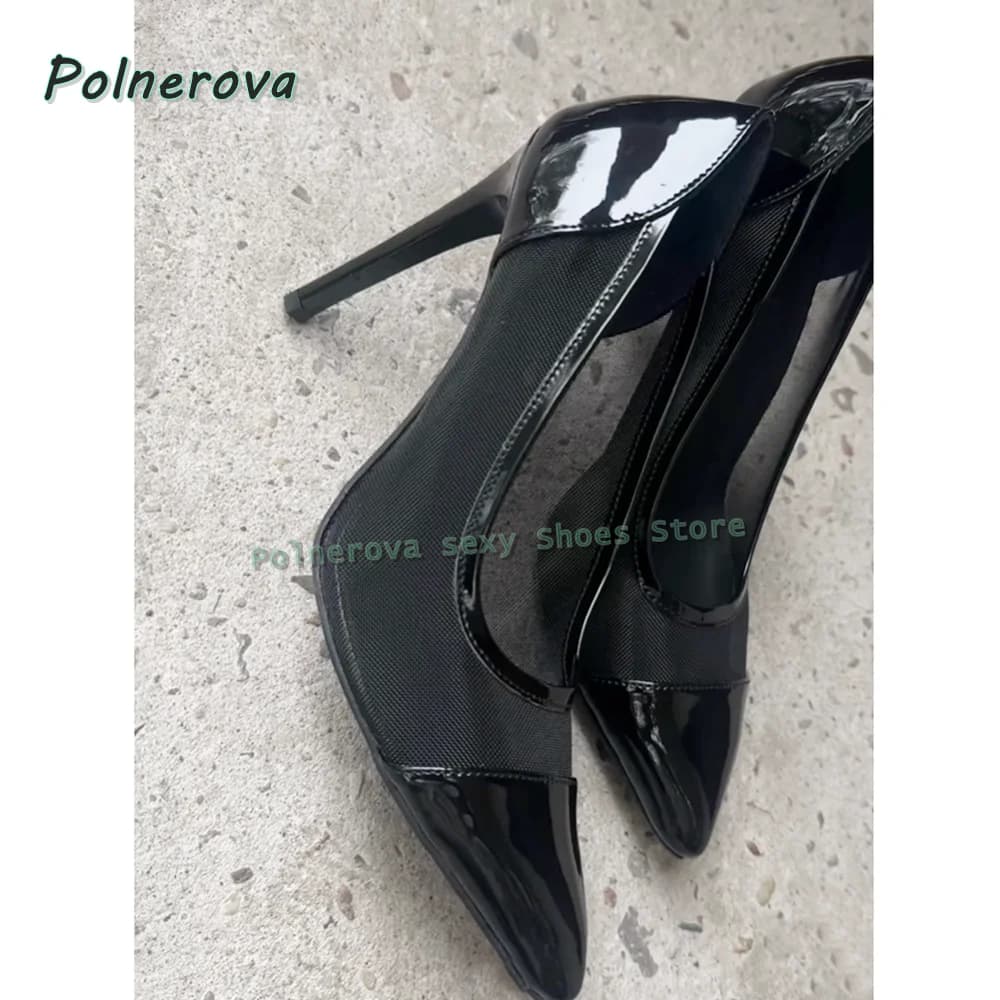 Sandali Eleganti da Donna con Punta a Rete e Tacco Basso, in Pelle Verniciata Nera, Slip-On, Sexy e Raffinati, Scarpe di Lusso Estive
