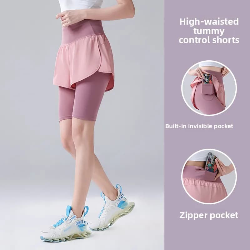 Fake Two Items Shorts Women Big Size Shorts with Pocket Gym Trainning Running Yoga Shorts Stretchy Cycling Three Point Pants