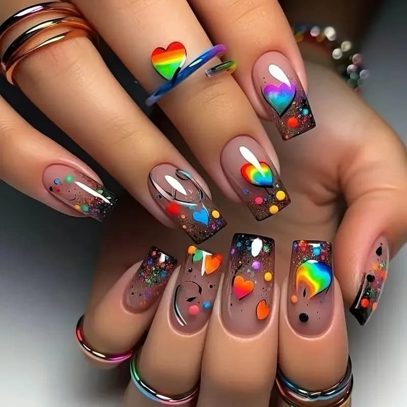 24 pezzi/set unghie finte quadrate medio-lunghe per donne ragazze simpatici fiori a forma di cuore piuma farfalla design stampa sulle punte false per nail art