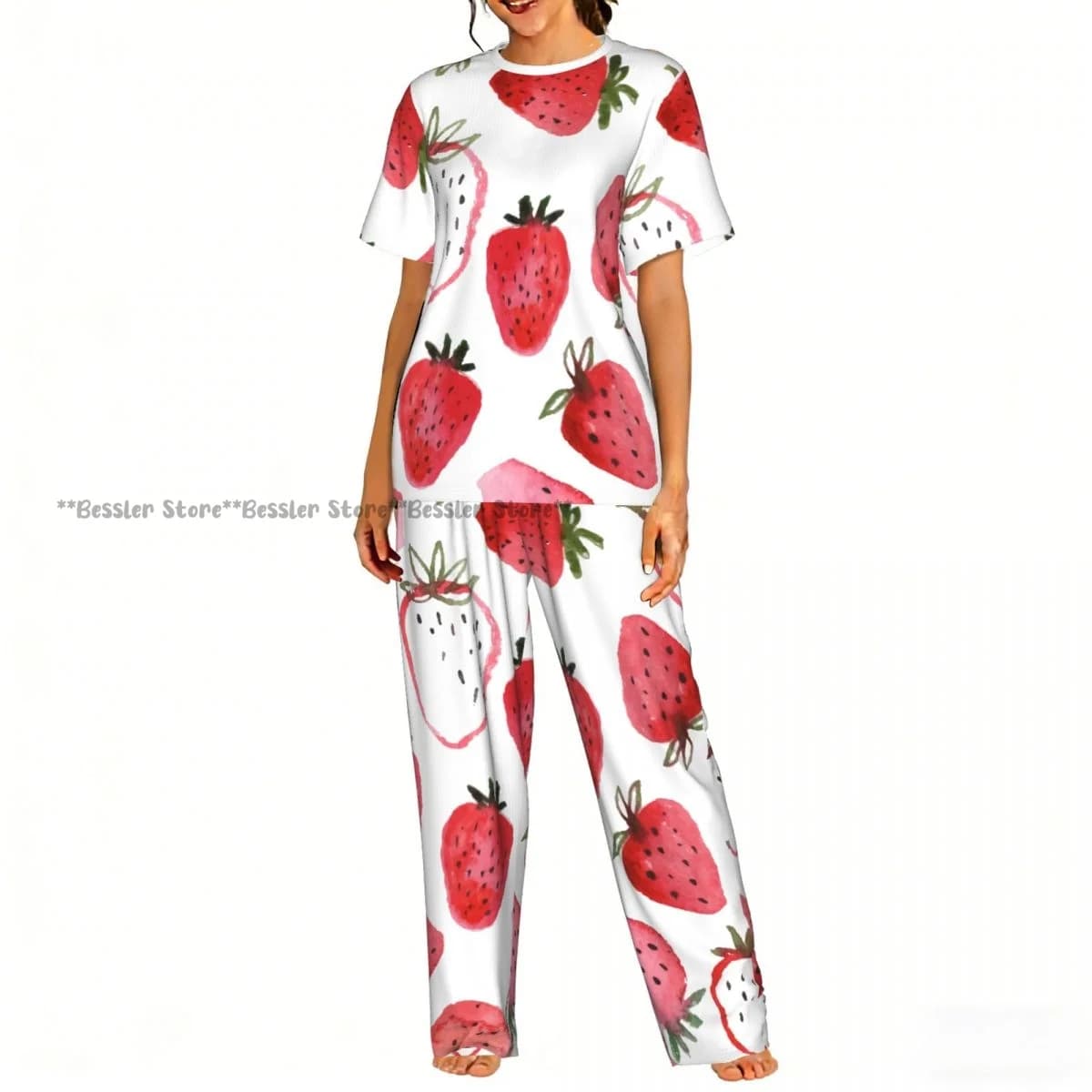 Women's set in 2 pieces, pajamas with watercolored strawberries, short sleeved top and trousers, nightwear