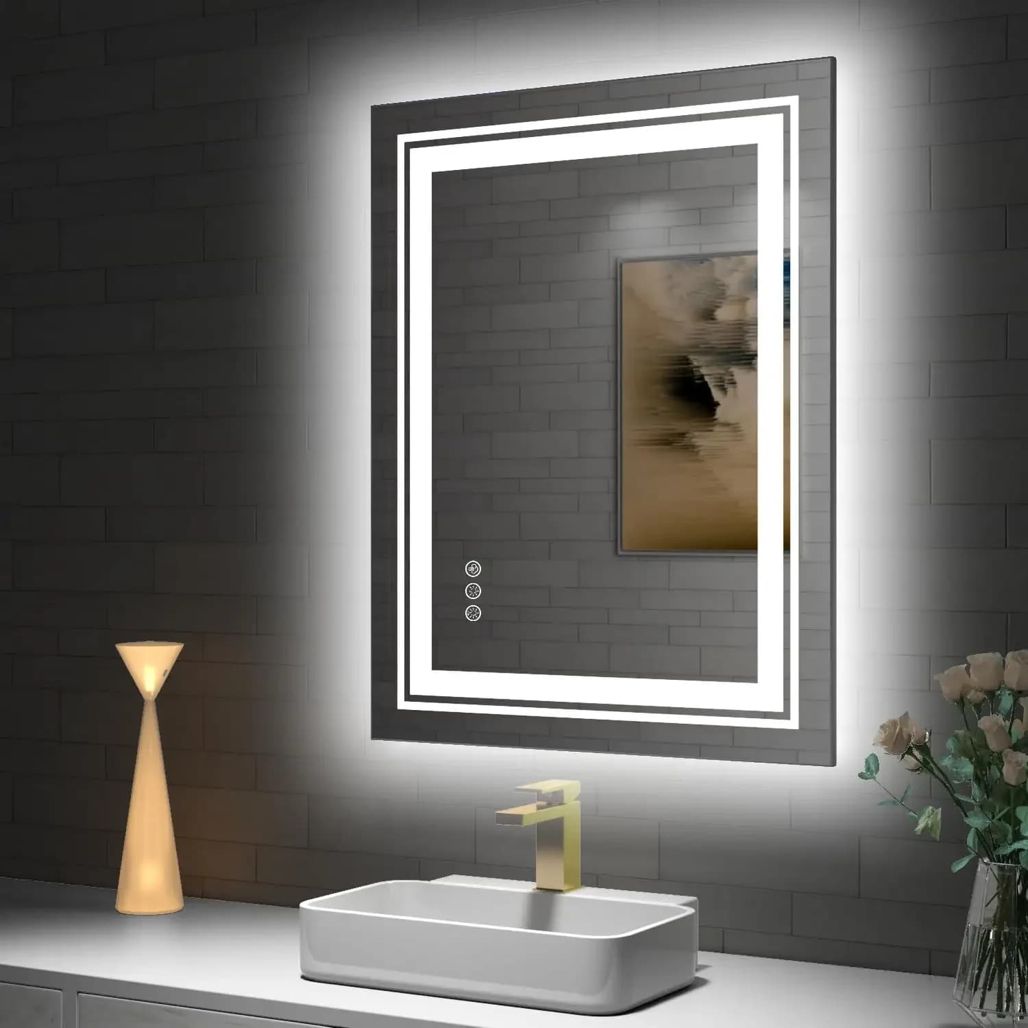 Specchio LED commerciale per bagno, 28"X36" con 8 RGB +3 illuminazione frontale, antiappannamento, specchio da bagno illuminato per parete