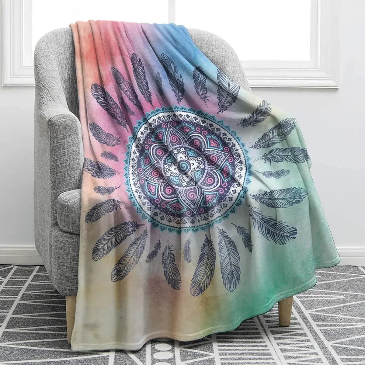 Dreamcatcher Throw Blanket Flannel Colourful Feather Pattern for Living Room Sofa Couch Blanket Kids Girls Gift King Queen Size