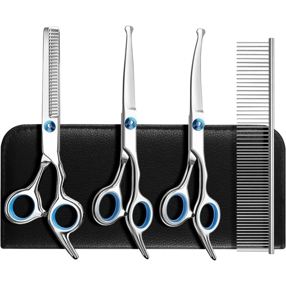 5-in-1 Professional Curved Dog Grooming Scissors with Safety Round Tips - Pet Hair Shears Set for Dogs&Cats
