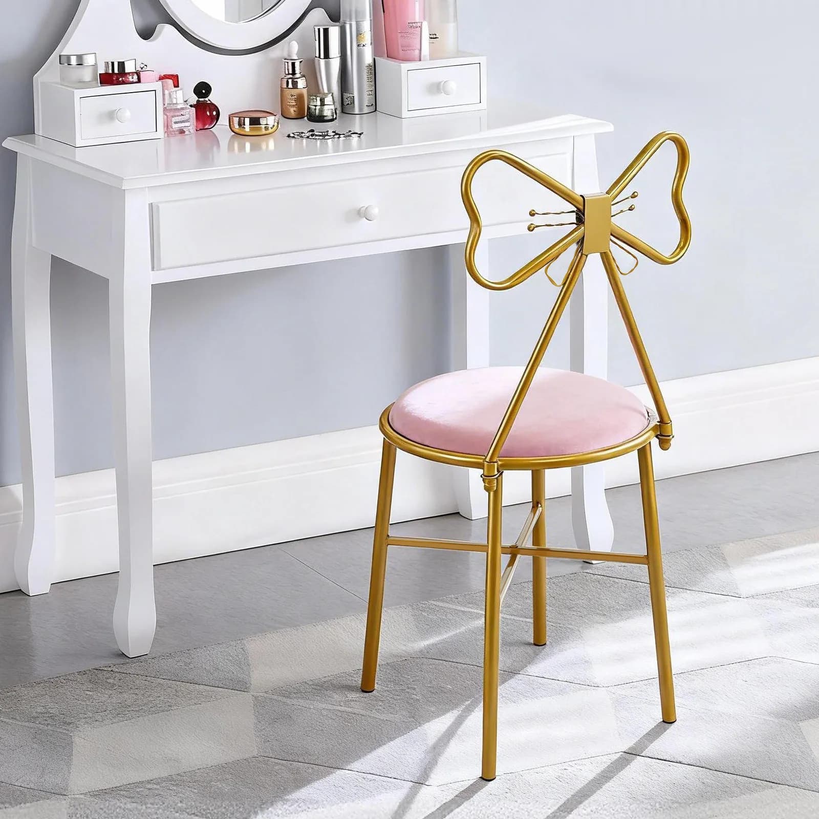 Deep Pink Butterfly Back Accent Chair Plush Flannel Cushion Wear Resistant Metal Frame Non-Scratch Floor Foot Covers Easy Installation Smooth Surface Ideal Leisure Seat For Bedroom Living Room Dresser Daily Use