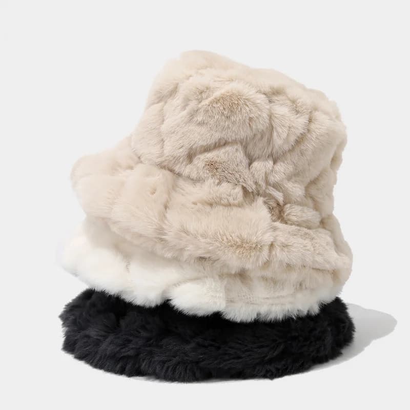 Women Faux Fur Quilted Bucket Hat Winter Warm Fluffy Fisherman Cap