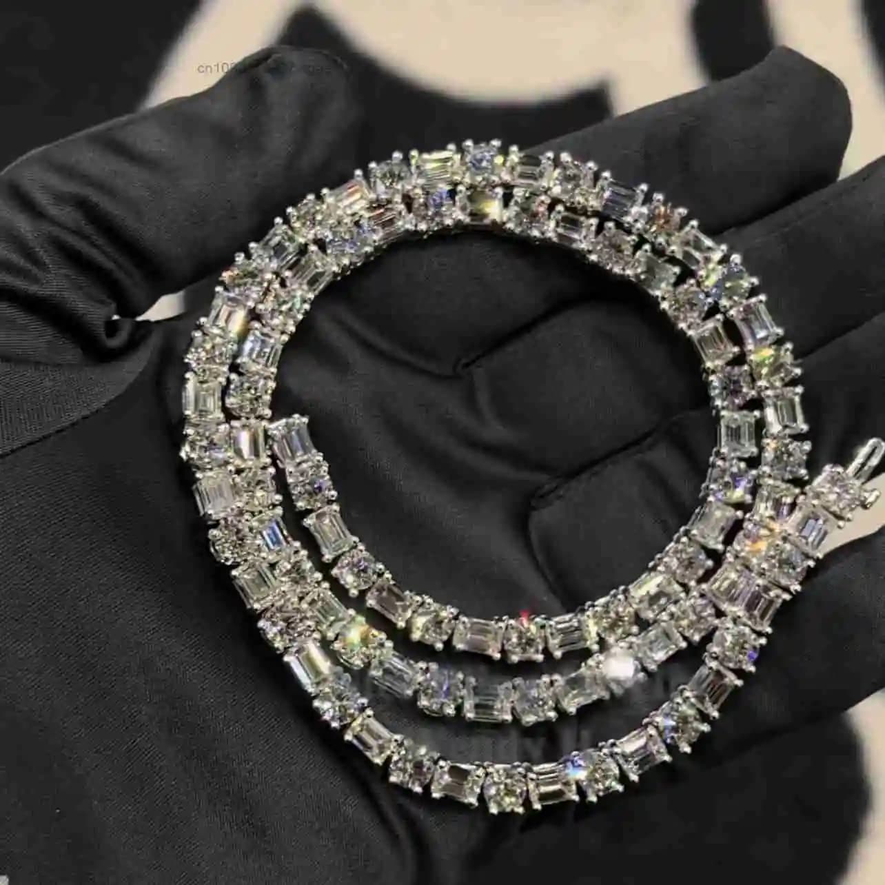 925 Real Sterling Silver 5mm Moissanite Tennis Chain F Color Vvs Baguette/emerald Diamond Necklace.