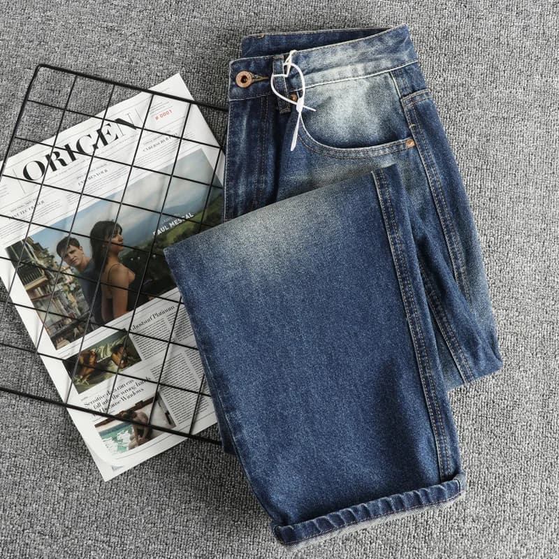 Jeans lavati in denim effetto consumato blu vintage da uomo Pantaloni lunghi larghi dritti pesanti alla moda stile street