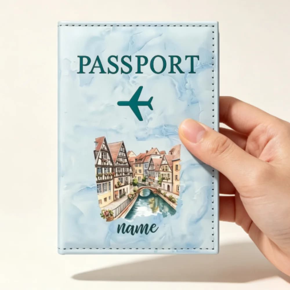 Custom European Town Watercolor Passport Holder,Personalized Name,PU Travel Cover With Architectural And Canal Landscapes