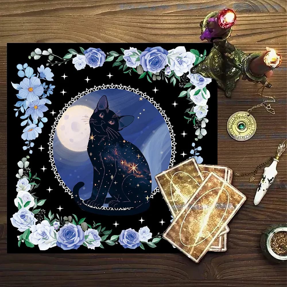 Galaxy Black Cat Moon Floral Tarot Tablecloth Divination Altar Cloth Witchcraft Astrology Oracle Card Mat Home Decor Tapestry