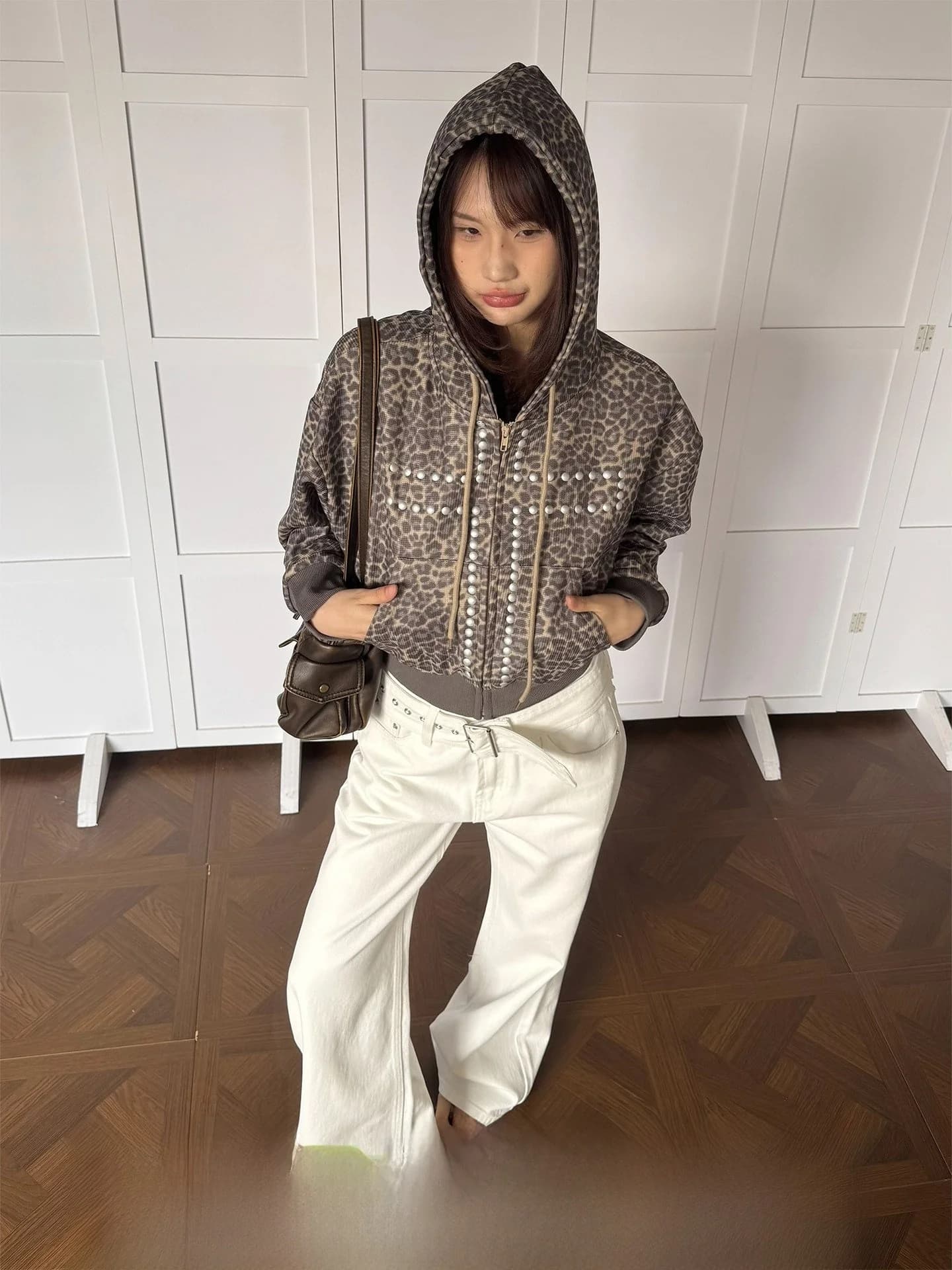 Felpa con Cappuccio Stampa Leopardata Donna, Giacca Corta Casual Primavera Autunno Stile Americano con Rivetti e Cerniera, in Poliestere