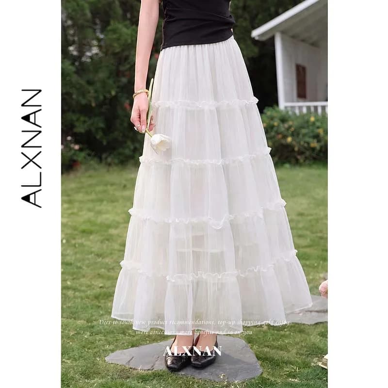 ALXNAN Women White Ruffle Tulle Midi Skirt 2026 Summer Elastic High Waist Sheer Mesh Holiday Tiered Cake Long Skirts L66082A