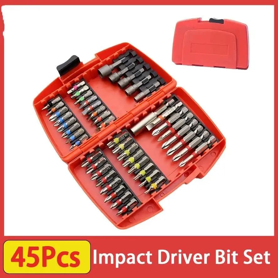 Set di 45 punte per avvitatore a impulsi in acciaio S2, magnetiche, con inserti per chiavi a bussola, a taglio, Phillips, Torx, per metallo, legno, plastica, piastrelle e cartongesso.