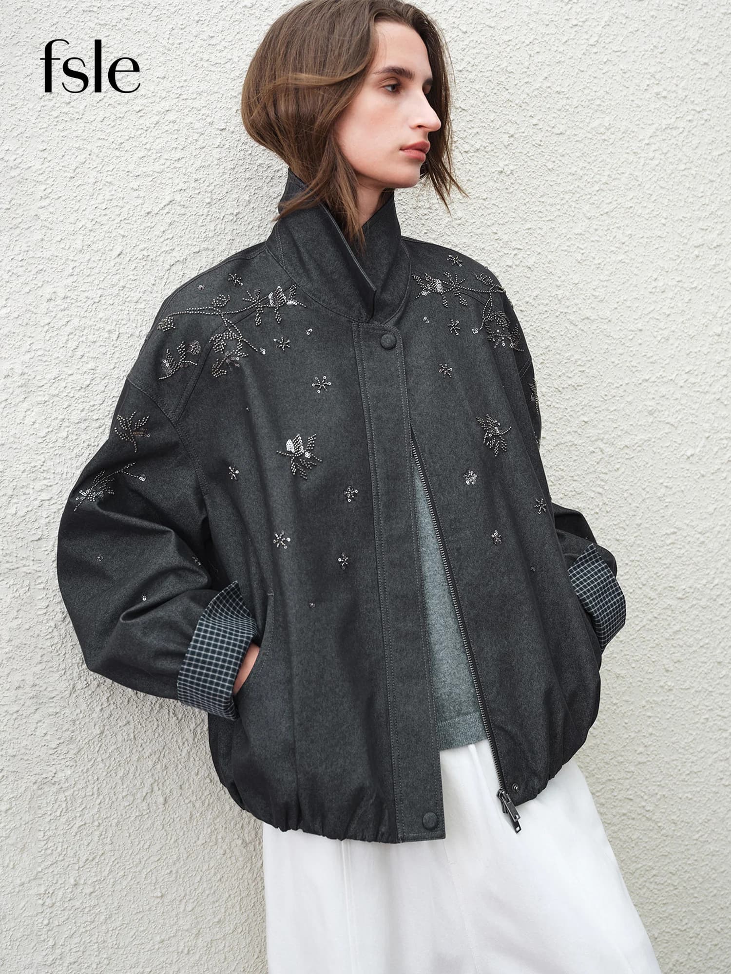 FSLE 【Serie Premium】 Giacca da Donna con Perline e Colletto in Pelle 2026, Cappotto Primaverile a Maniche Lunghe dal Design Originale e Comodo