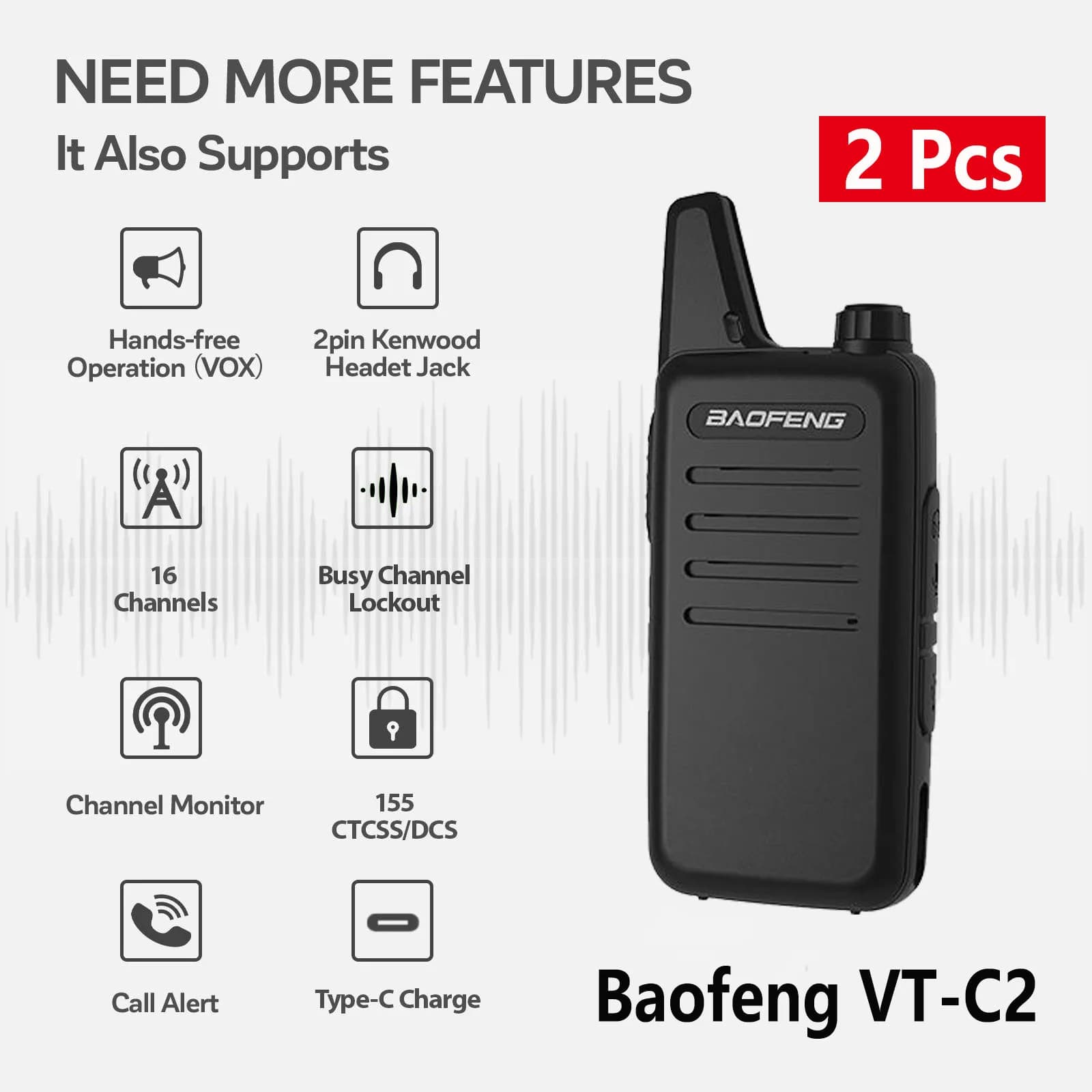 2 pezzi Baofeng VT-C2 Walkie Talkie UHF 400-470 MHz 2W Potenza 16 canali MINI PMR Ricetrasmettitore portatile esterno Radio bidirezionale da campeggio