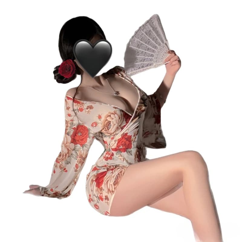Sexy Kimono Giapponese Stampato, Abbigliamento da Notte in Chiffon Trasparente con Scollo a V, Vestaglia a Maniche Lunghe, Pigiama Erotico