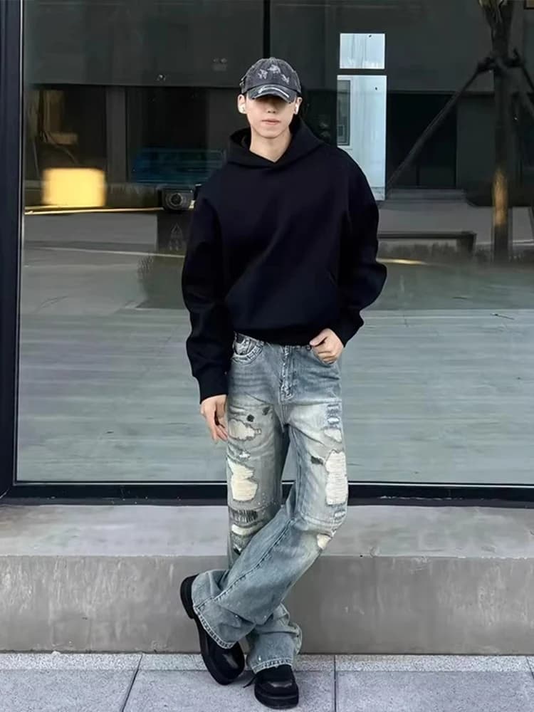Cleanfit Bla ort Hoodie Men's Heavyweight Hardwearing Spring Autumn Color Jaet Loose Fit Casual Youth Faion