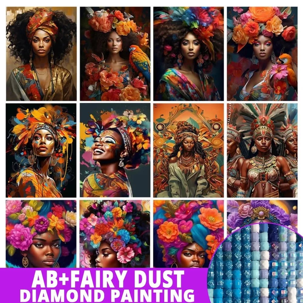 Fairy Dust AB Diamond Painting New Collection African Woman Flower Full Mosaic Arts Diy Embroidery Girl Wall Decor