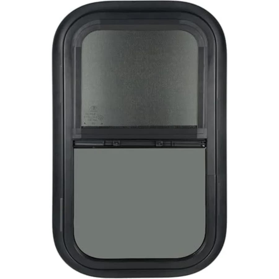 Vertical window for campers 15 W x 22 H, sliding, obscured, with mosquito net and finishing ring, for walls with thickness from 15/16 or 1-3/8 up to 1/16 inches