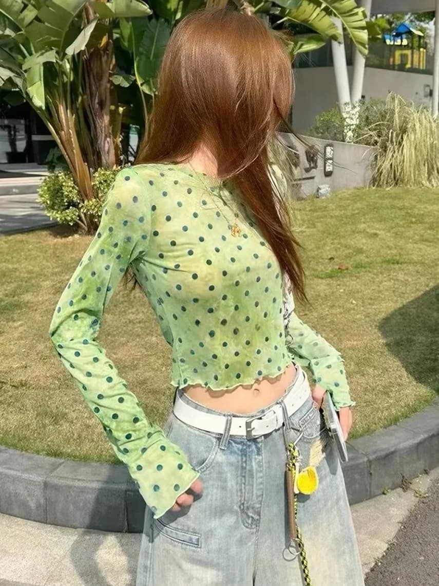 Spring New Style Green Gradient Dot Long Sleeve Mesh T-Shirt Women's Slim Fit Thin Sunshade Shirt Korean Style Silk Top