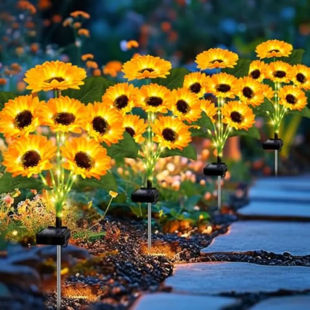 Lampada Solare Impermeabile a Forma di Girasole per Prato, 3/6 Teste, Luci LED Gialle per Paesaggio, Design Realistico, Alimentazione Solare