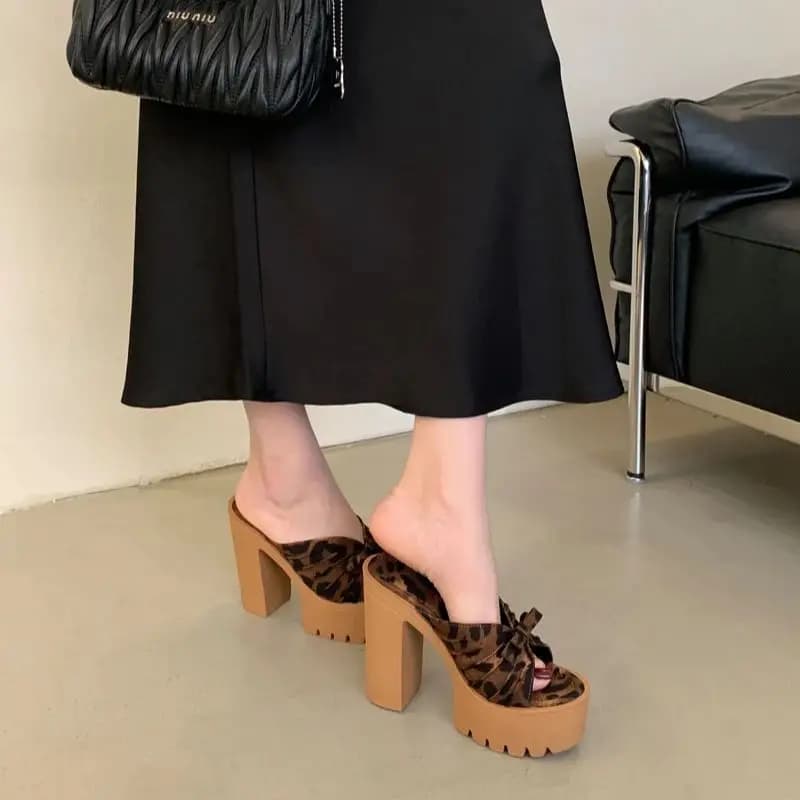 Leopard Chunky Heeled Sandals Black Size 34 Summer Slippers 12cm Block Platform Shoes Woman High Heels Sandales 2025 Femme