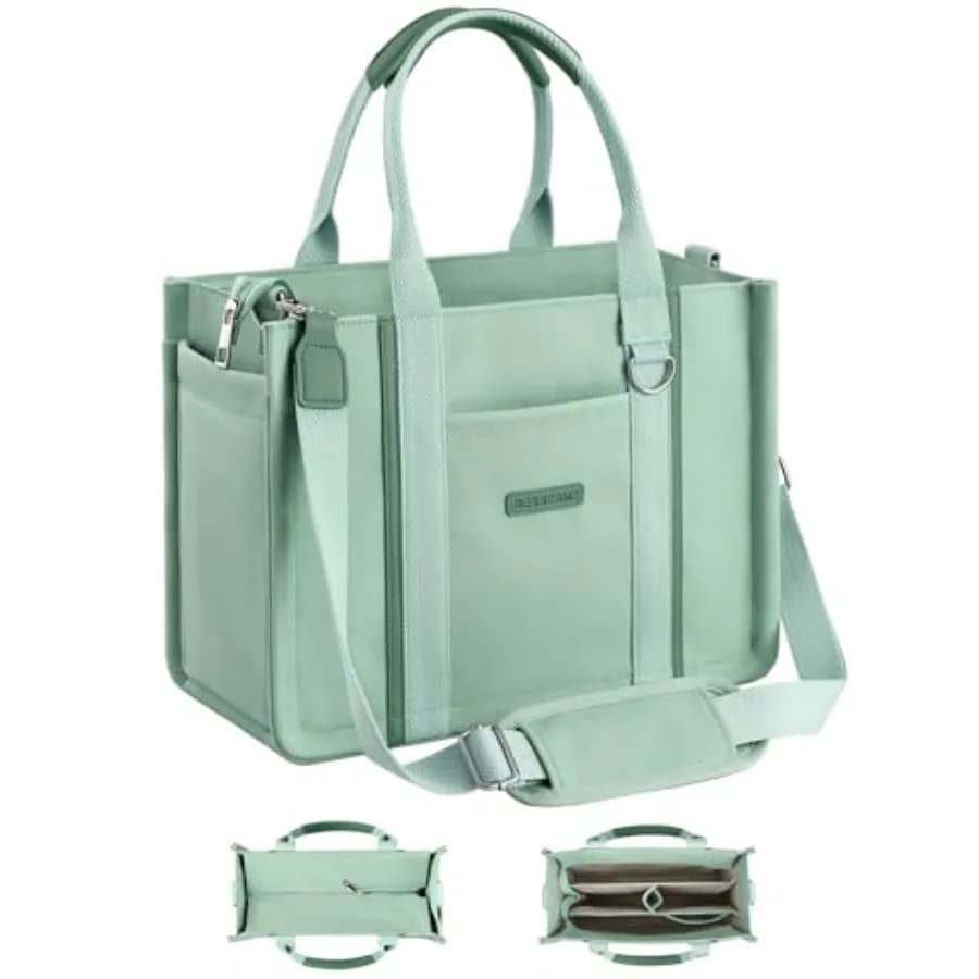 BESBESME Women's Canvas Tote Bag with Zipper and Compartments Multi-Pocket Laptop Work Crossbody Shoulder Tote Purse