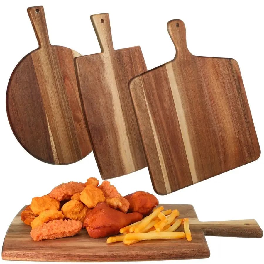 Set di 3 Taglieri in Legno di Acacia con Manico per Salumi, Formaggi, Carne, Pane e Verdure
