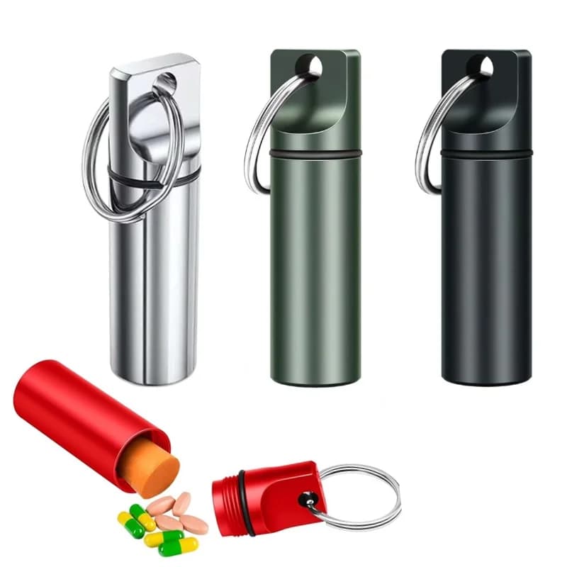 Nuova mini custodia da viaggio per pillole, design in alluminio impermeabile per tappi per le orecchie di oli di pesce vitaminici con portachiavi sigillato incluso