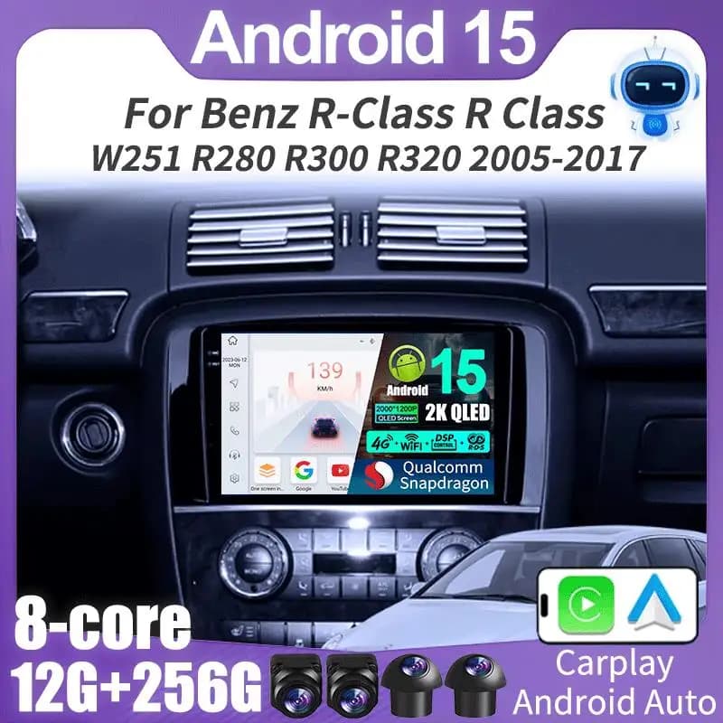 Android 15 QLED Autoradio Carplay Multimediale Lettore GPS BT Per Mercedes Benz Classe R300 R350 R280 R320 R500 W251 2007 - 2011