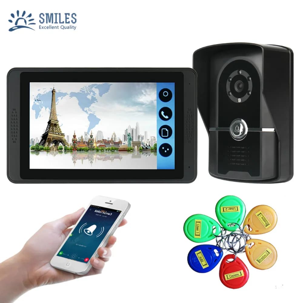 Citofono campanello video RFID con app mobile impermeabile con una telecamera esterna e un monitor LCD touch screen per interni