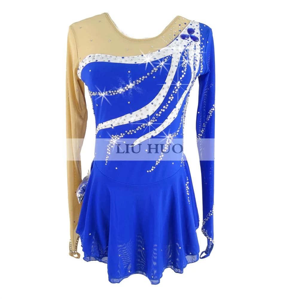 LIUHUO Donne Ragazze Prestazioni Balletto Ginnastica Concorso Body Pattinaggio di Figura sul Ghiaccio Vestito Costume da Ballo Blu Manica Lunga