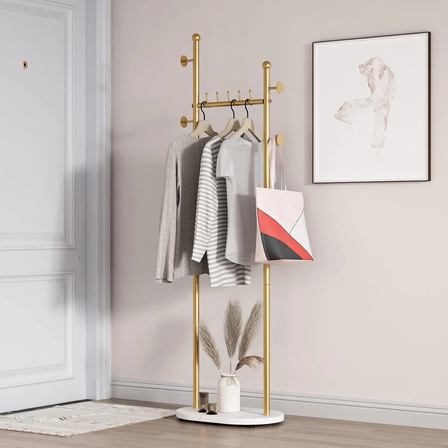 Gold Coat Rack Freestanding with Marble Base, Coat Hanger Hat Tree Standing Clothes Racks for Boutique, Bedroom