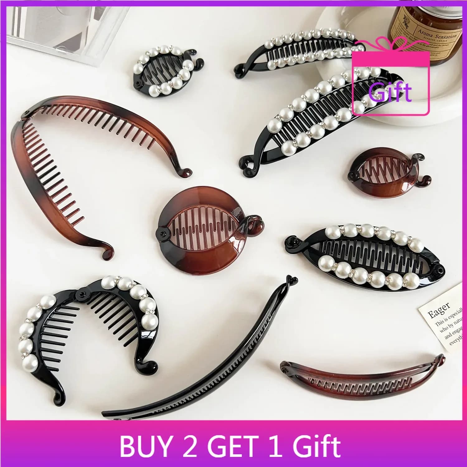 2025 Nuova clip per capelli con perle di cristallo Forcina stile coreano per le donne Mollette per capelli Flyaway Semplice clip a banana nera