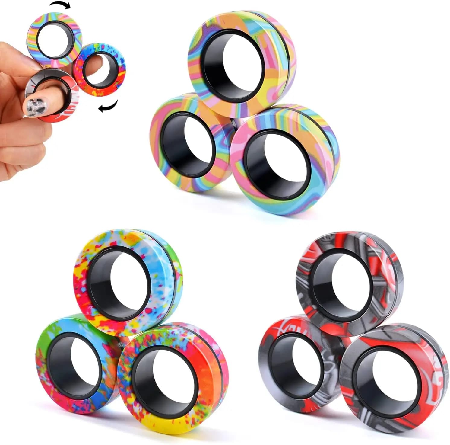 Set di 3 Anelli Magnetici Antistress, Fidget Spinner per ADHD, Piccoli Regali di Pasqua per Adulti e Adolescenti, Giocattolo Sensoriale Portatile per l'Ansia