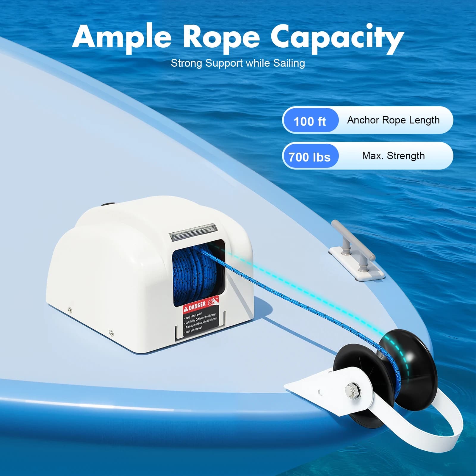 Premium 12V electric anchor winch, 45 pounds load, 100-foot rope, remote-controlled boat leash for boats up to 24 feet with waterproof design