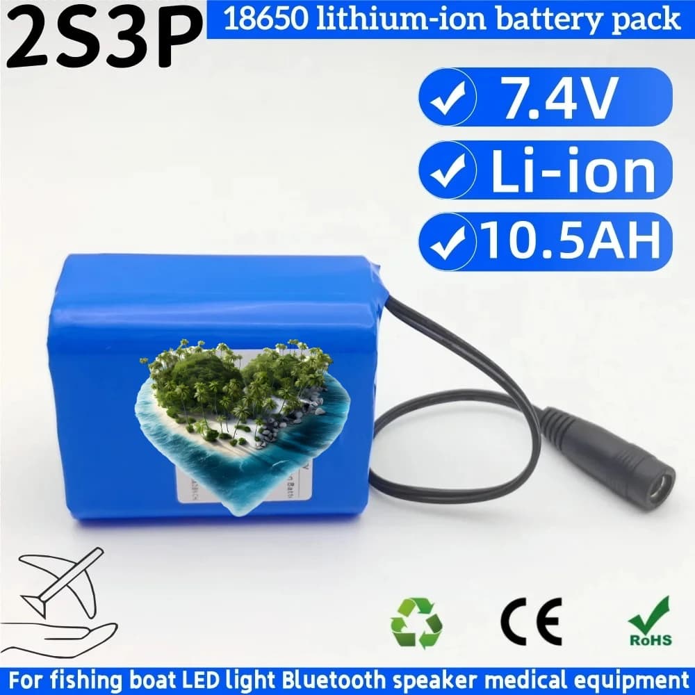 Lithium battery 2s3p 8,4 V 10500 mAh with BMS protection replacement for bike light 7,4 V 8,4 V, fishing light