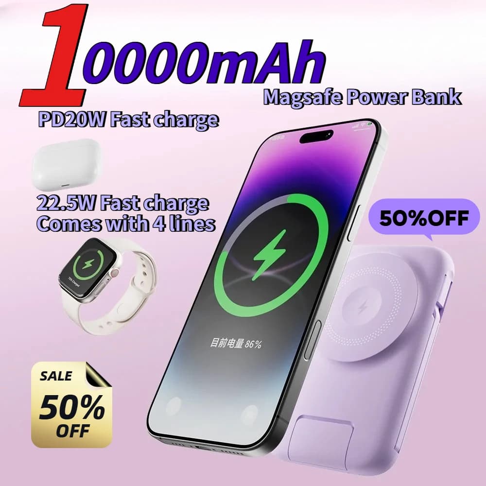 MagSafe viene fornito con cavo 10000mAh Wireless Power Bank Orologio ricaricabile Supporto di ricarica rapido adatto per IPhone Xiaomi Huawei