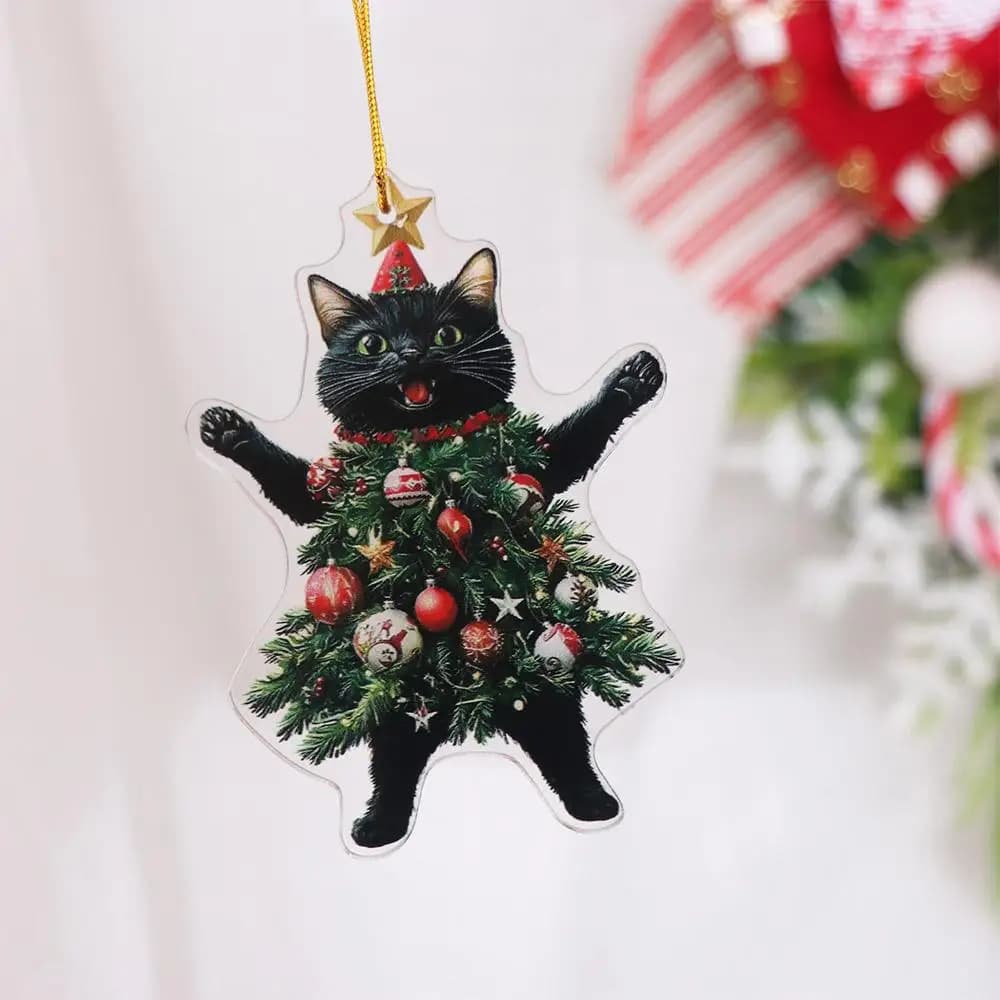 Ciondolo Gatto Natalizio 2D in Acrilico, Decorazione per Albero di Natale, Ornamento a Forma di Gatto Nero Cartoon, Ciondolo per Auto, Accessorio per Feste